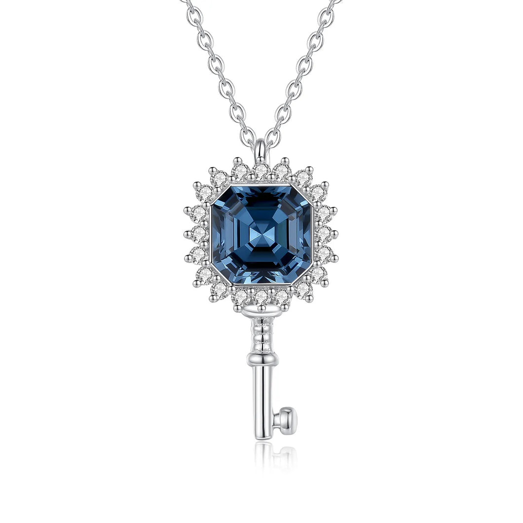 Azure Blue Swarovski Crystal Key Silver Necklace