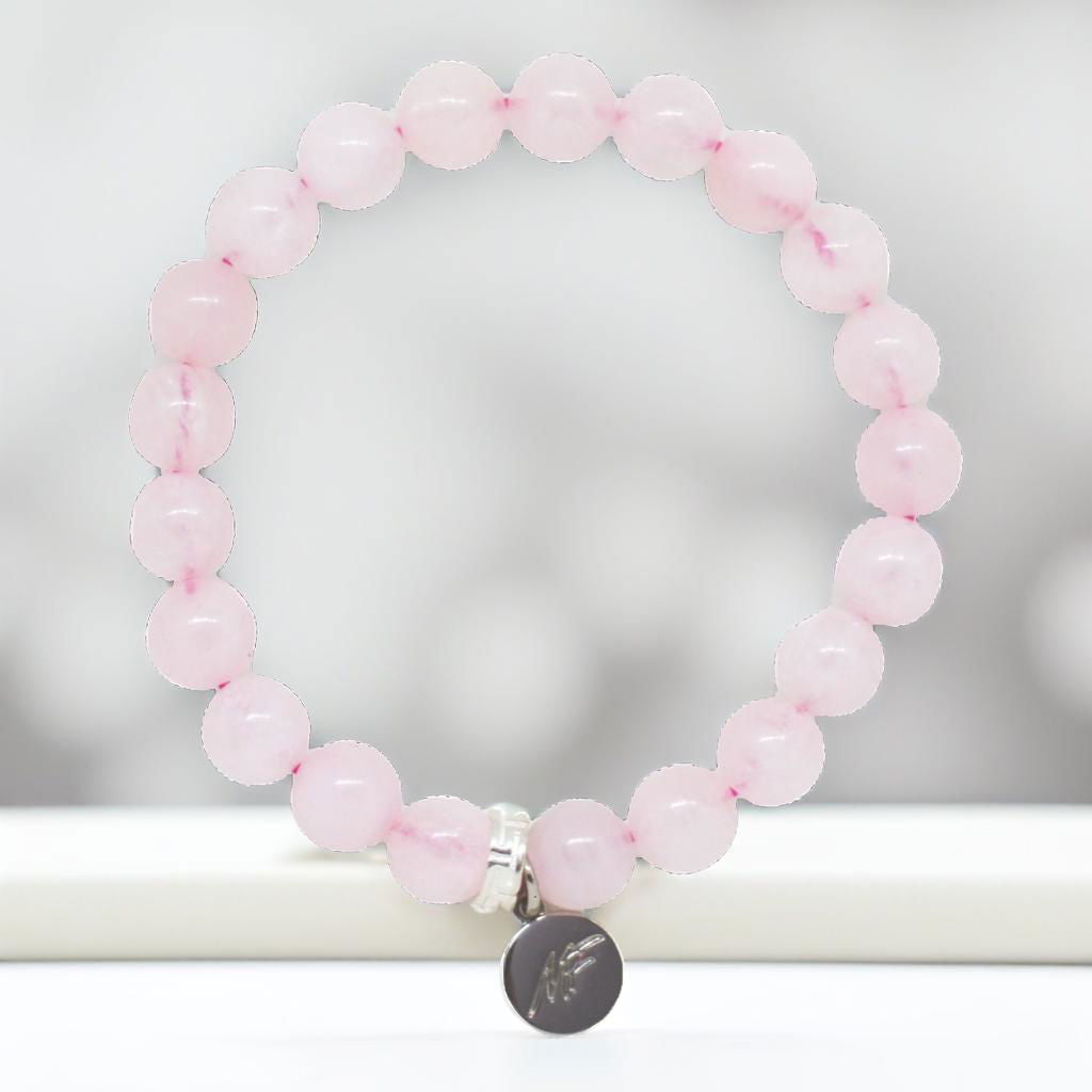 Rose Quartz Silver Flat Bead Bracelet (8 MM)