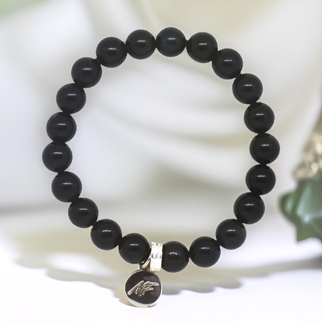 Black Obsidian Flat Silver Bead Bracelet (8 MM)