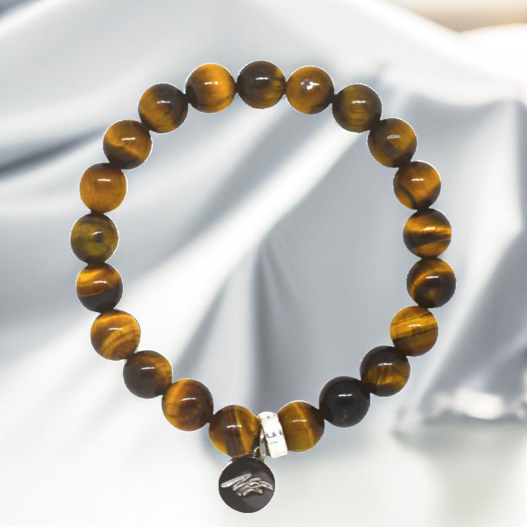 Tiger Eye Stone Flat Silver Bead Bracelet (8 MM)