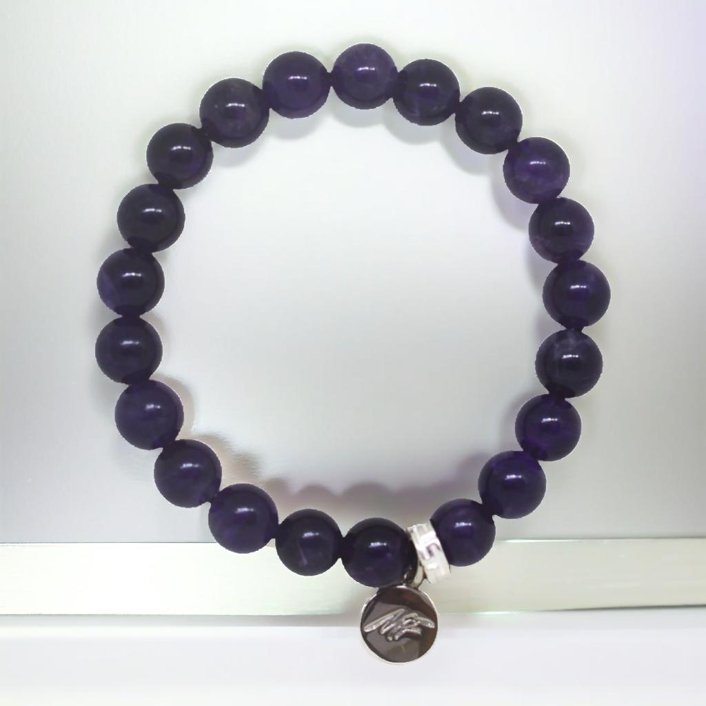 Amethyst Stone Flat Silver Bead Bracelet (8 MM)