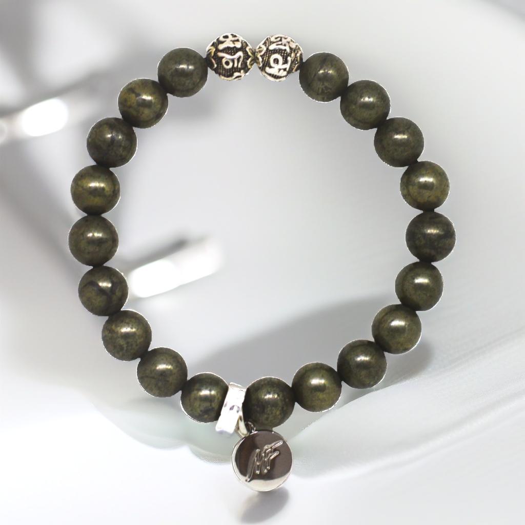 Natural Pyrite Stone Silver Bead Bracelet (8 MM)