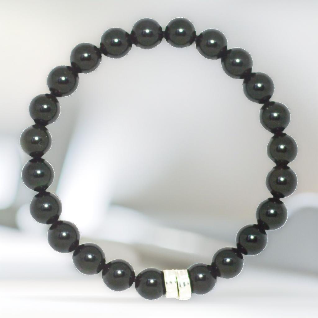 Black Obsidian Double Flat Silver Bead Bracelet  (8 MM)