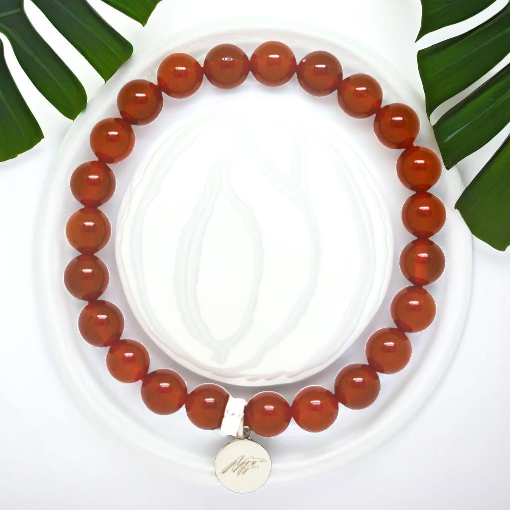 Carnelian Stone Flat Silver Bead Bracelet (8 MM)