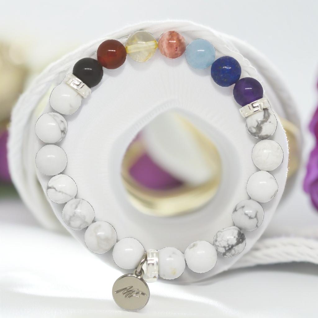 7 CHAKRA White Howlite Silver Bead Bracelet (8 MM)