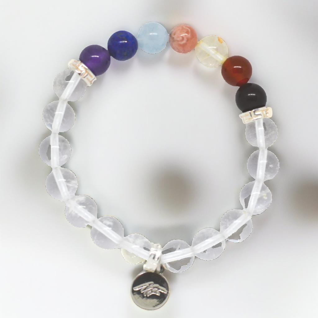 7 CHAKRA Clear Quartz Silver Bead Bracelet (8 MM)