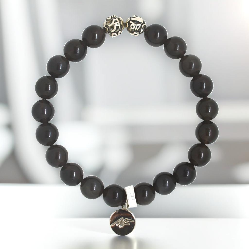 Black Obsidian Silver Bead Bracelet (8 MM)