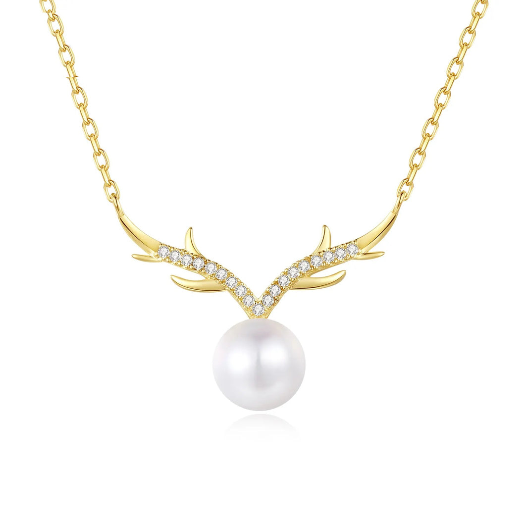 18 K Gold Antler Natural Pearl Pendant Silver Necklace