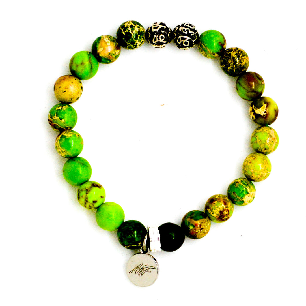 Olive Green Jasper Stone Silver Bead Bracelet (8 MM)